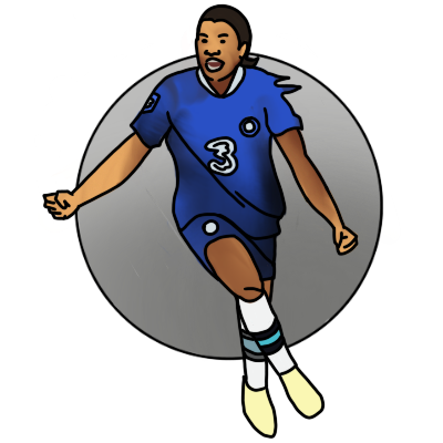 a drawing of Sam Kerr, an Australian soccer player with light brown skin and dark hair in blue kit with the number '3,' in motion. she is in front of a silver circle.